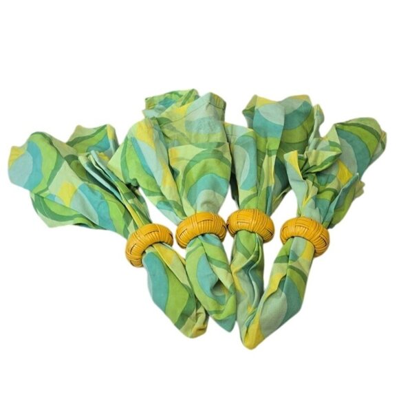 Set Of 4 Retro Groovy Green & Yellow Cloth Napkins W/ Wicker Napkin Rings Boho - Picture 3 of 10